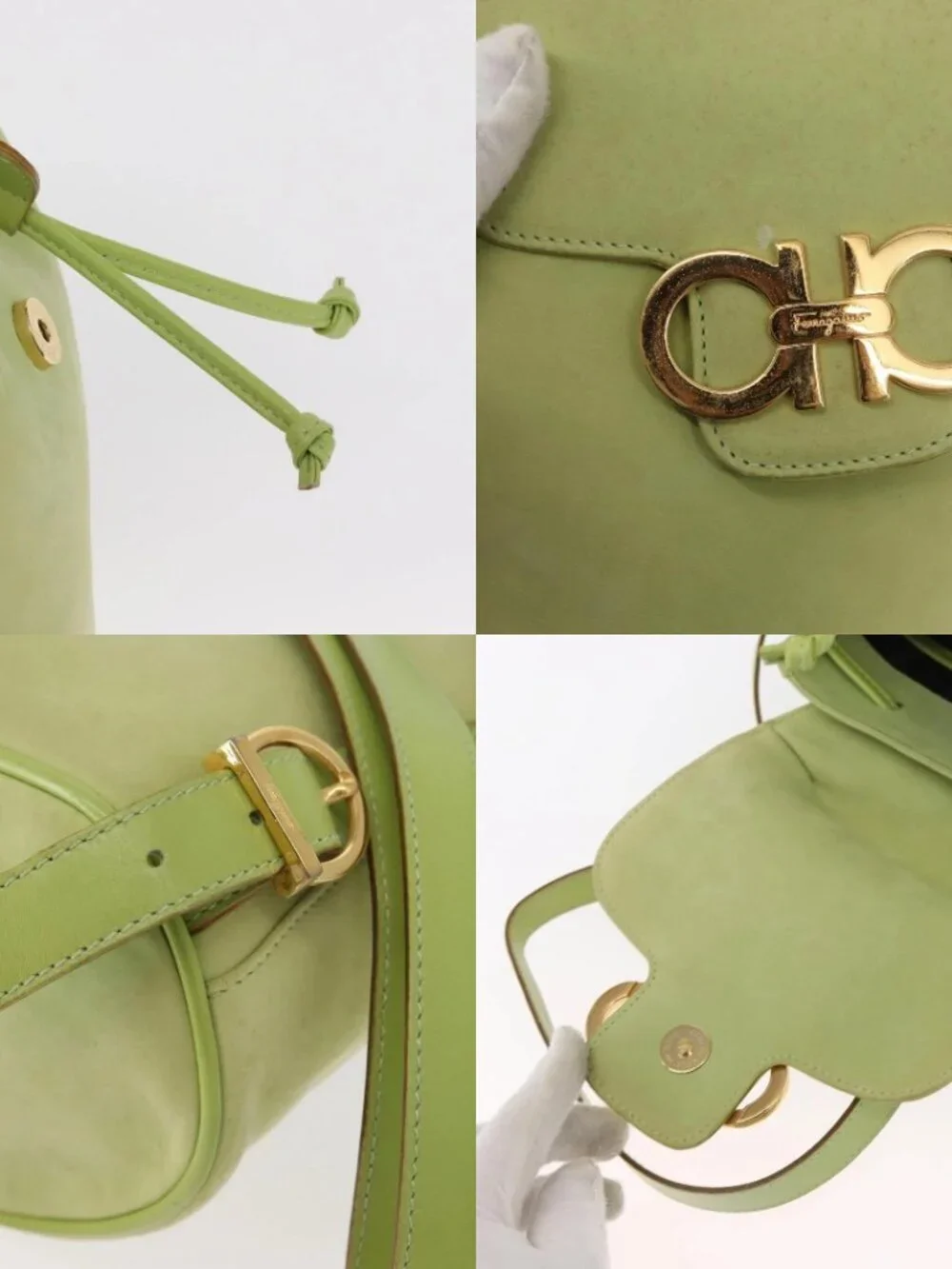 Salvatore Ferragamo Backpack Suede Gold Light green Auth 159800